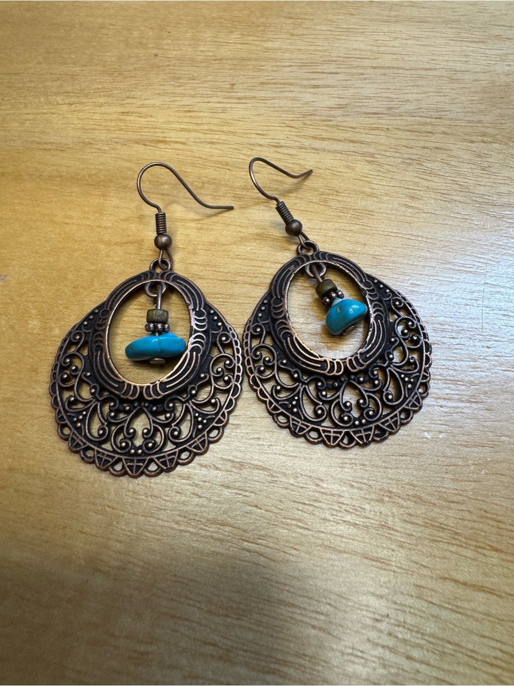 NWT Turquoise Stone Filigree Drop Earrings - Copper Tone